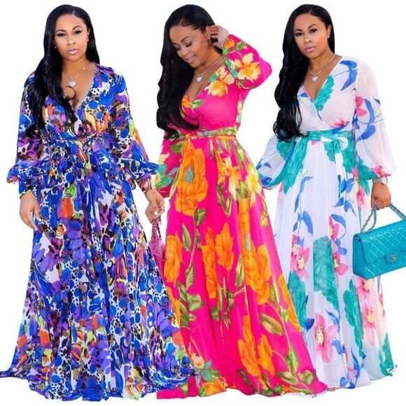 Women’s Chiffon Maxi Dress Deep V-Neck Floral Boho Summer Relaxed Fit - Picture 3 of 5